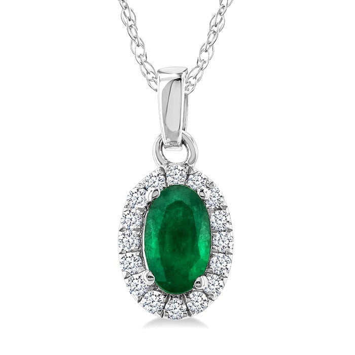 5x3 MM Oval Shape Emerald and 1/20 Ctw Round Cut Diamond Halo Precious Pendant with Chain in 10K White Gold