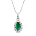 5x3 MM Pear Shape Emerald and 1/20 Ctw Round Cut Diamond Halo Precious Pendant with Chain in 10K White Gold