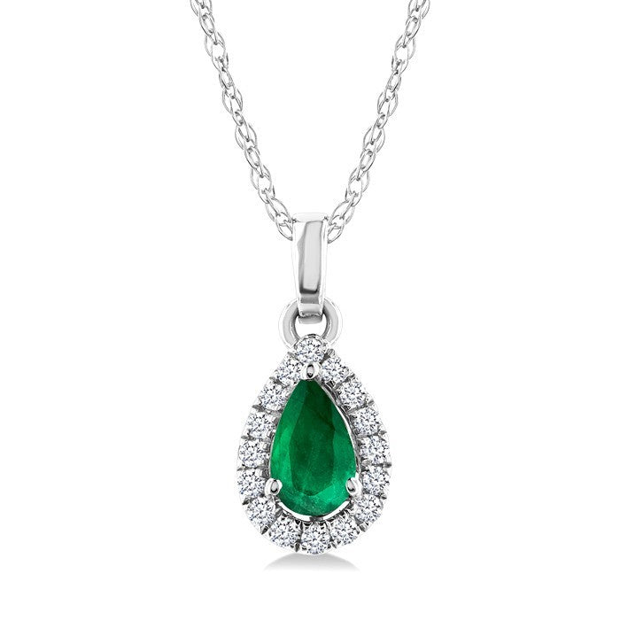 5x3 MM Pear Shape Emerald and 1/20 Ctw Round Cut Diamond Halo Precious Pendant with Chain in 10K White Gold