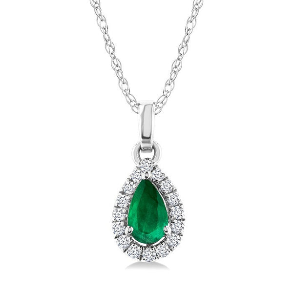 5x3 MM Pear Shape Emerald and 1/20 Ctw Round Cut Diamond Halo Precious Pendant with Chain in 10K White Gold