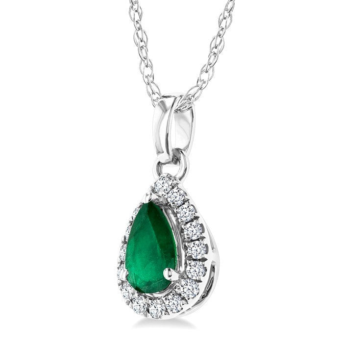5x3 MM Pear Shape Emerald and 1/20 Ctw Round Cut Diamond Halo Precious Pendant with Chain in 10K White Gold