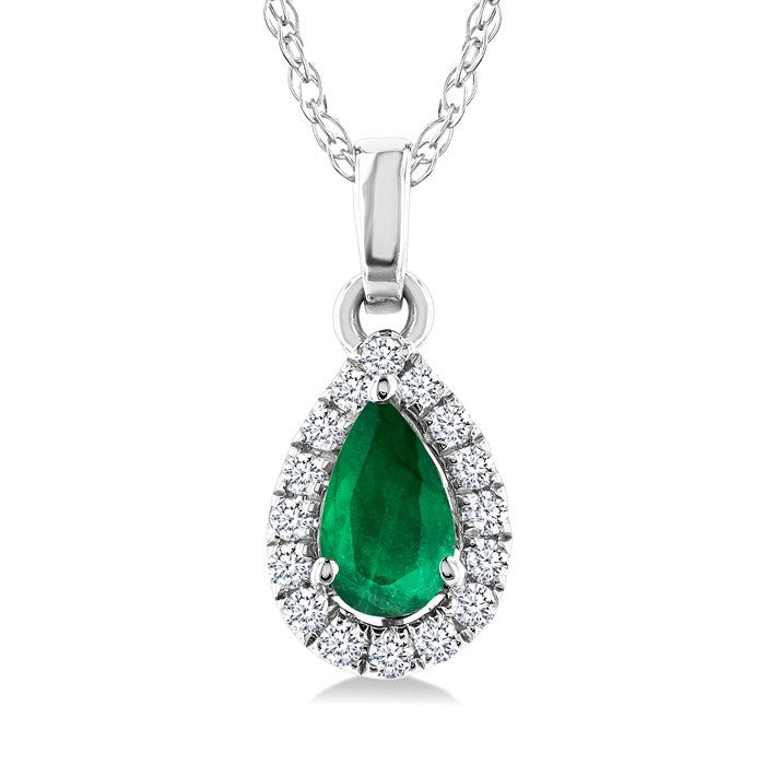 5x3 MM Pear Shape Emerald and 1/20 Ctw Round Cut Diamond Halo Precious Pendant with Chain in 10K White Gold