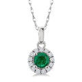 3.25 MM Round Emerald and 1/20 Ctw Round Cut Diamond Halo Precious Pendant with Chain in 10K White Gold