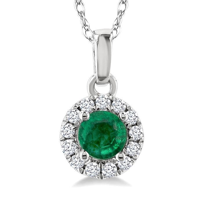 3.25 MM Round Emerald and 1/20 Ctw Round Cut Diamond Halo Precious Pendant with Chain in 10K White Gold