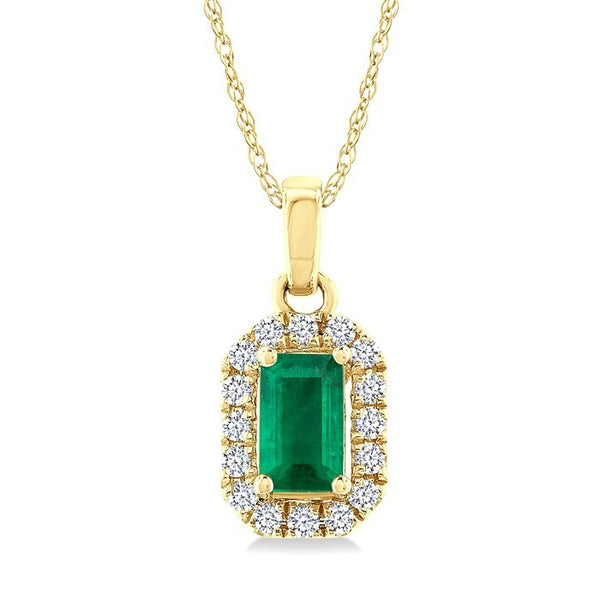 5x3 MM Octagonal Shape Emerald and 1/20 Ctw Round Cut Diamond Halo Precious Pendant with Chain in 10K Yellow Gold