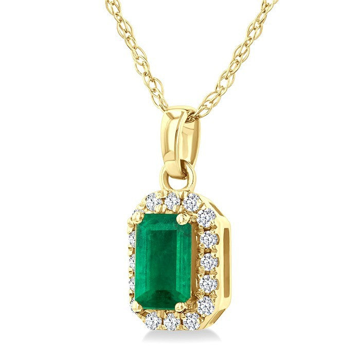 5x3 MM Octagonal Shape Emerald and 1/20 Ctw Round Cut Diamond Halo Precious Pendant with Chain in 10K Yellow Gold