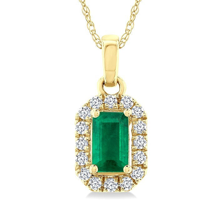 5x3 MM Octagonal Shape Emerald and 1/20 Ctw Round Cut Diamond Halo Precious Pendant with Chain in 10K Yellow Gold