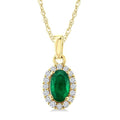 5x3 MM Oval Shape Emerald and 1/20 Ctw Round Cut Diamond Halo Precious Pendant with Chain in 10K Yellow Gold