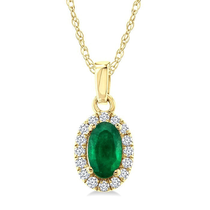 5x3 MM Oval Shape Emerald and 1/20 Ctw Round Cut Diamond Halo Precious Pendant with Chain in 10K Yellow Gold