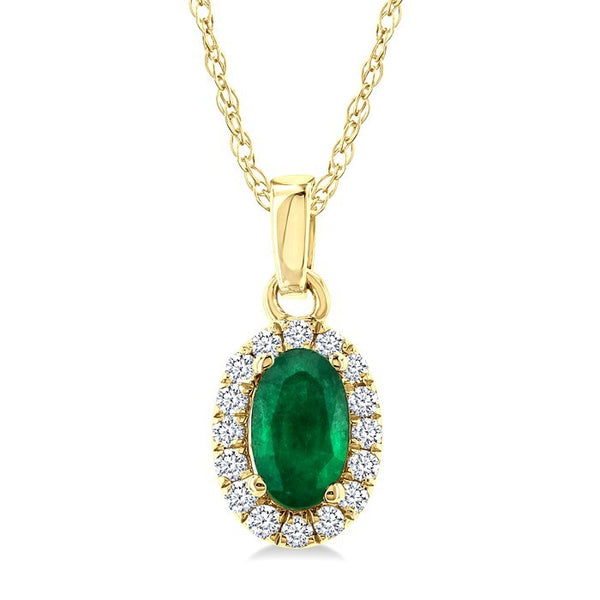 5x3 MM Oval Shape Emerald and 1/20 Ctw Round Cut Diamond Halo Precious Pendant with Chain in 10K Yellow Gold