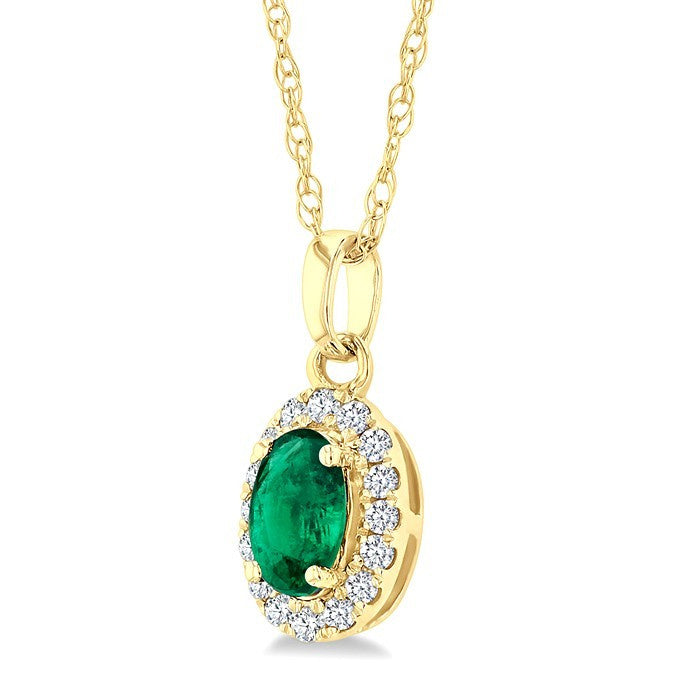 5x3 MM Oval Shape Emerald and 1/20 Ctw Round Cut Diamond Halo Precious Pendant with Chain in 10K Yellow Gold