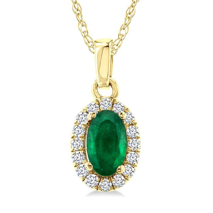 5x3 MM Oval Shape Emerald and 1/20 Ctw Round Cut Diamond Halo Precious Pendant with Chain in 10K Yellow Gold