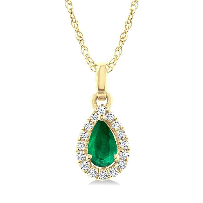 5x3 MM Pear Shape Emerald and 1/20 Ctw Round Cut Diamond Halo Precious Pendant with Chain in 10K Yellow Gold