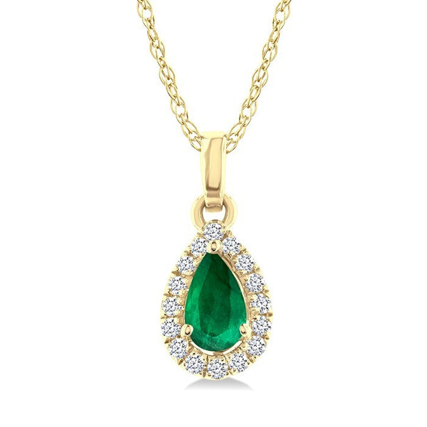 5x3 MM Pear Shape Emerald and 1/20 Ctw Round Cut Diamond Halo Precious Pendant with Chain in 10K Yellow Gold