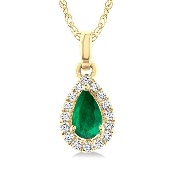 5x3 MM Pear Shape Emerald and 1/20 Ctw Round Cut Diamond Halo Precious Pendant with Chain in 10K Yellow Gold