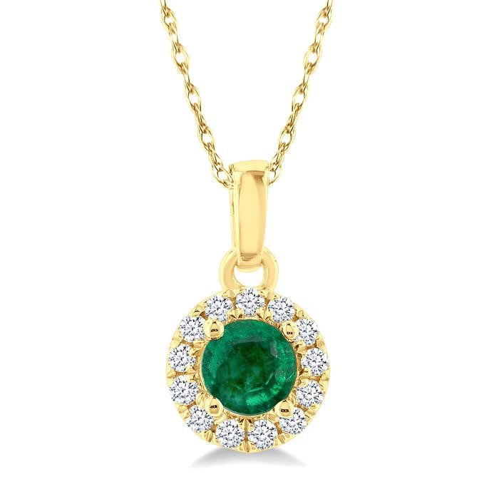 3.25 MM Round Emerald and 1/20 Ctw Round Cut Diamond Halo Precious Pendant with Chain in 10K Yellow Gold