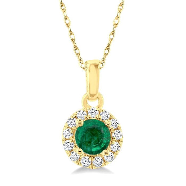 3.25 MM Round Emerald and 1/20 Ctw Round Cut Diamond Halo Precious Pendant with Chain in 10K Yellow Gold