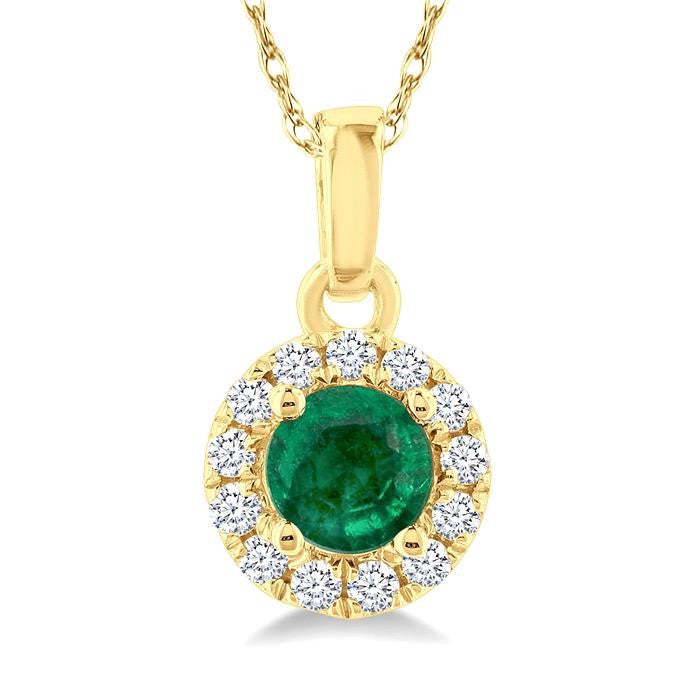 3.25 MM Round Emerald and 1/20 Ctw Round Cut Diamond Halo Precious Pendant with Chain in 10K Yellow Gold