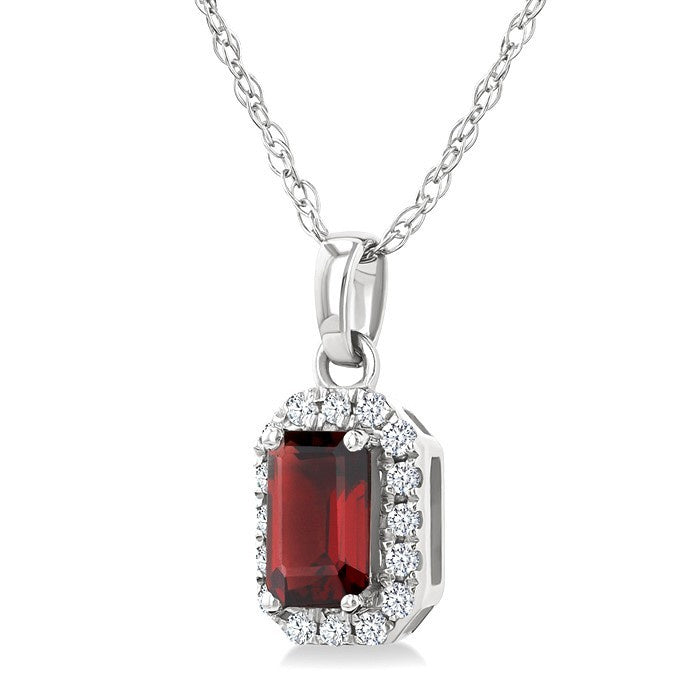 5x3 MM Octagonal Shape Garnet and 1/20 Ctw Round Cut Diamond Halo Semi-Precious Pendant with Chain in 10K White Gold