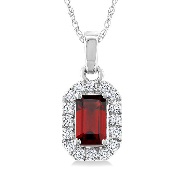5x3 MM Octagonal Shape Garnet and 1/20 Ctw Round Cut Diamond Halo Semi-Precious Pendant with Chain in 10K White Gold
