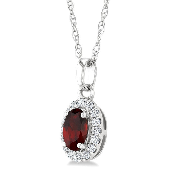 5x3 MM Oval Shape Garnet and 1/20 Ctw Round Cut Diamond Halo Semi-Precious Pendant with Chain in 10K White Gold