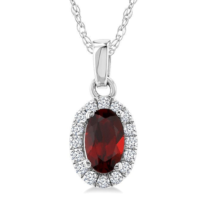 5x3 MM Oval Shape Garnet and 1/20 Ctw Round Cut Diamond Halo Semi-Precious Pendant with Chain in 10K White Gold
