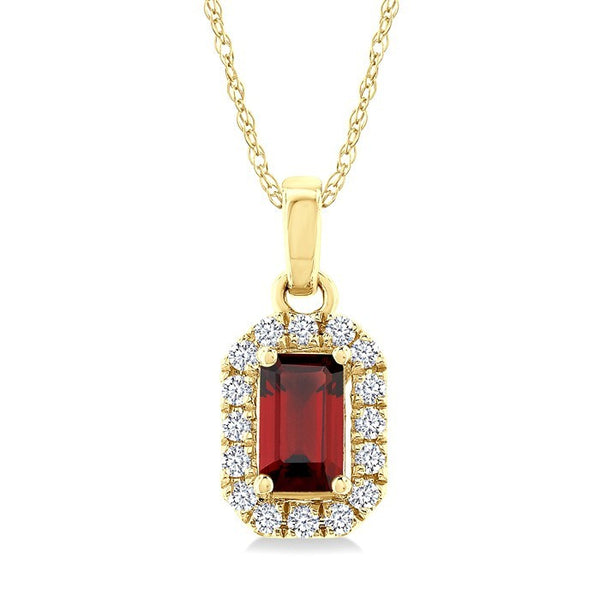5x3 MM Octagonal Shape Garnet and 1/20 Ctw Round Cut Diamond Halo Semi-Precious Pendant with Chain in 10K Yellow Gold