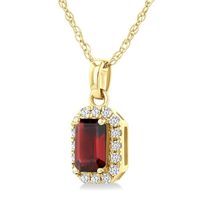 5x3 MM Octagonal Shape Garnet and 1/20 Ctw Round Cut Diamond Halo Semi-Precious Pendant with Chain in 10K Yellow Gold