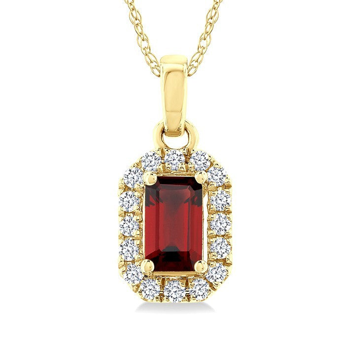 5x3 MM Octagonal Shape Garnet and 1/20 Ctw Round Cut Diamond Halo Semi-Precious Pendant with Chain in 10K Yellow Gold