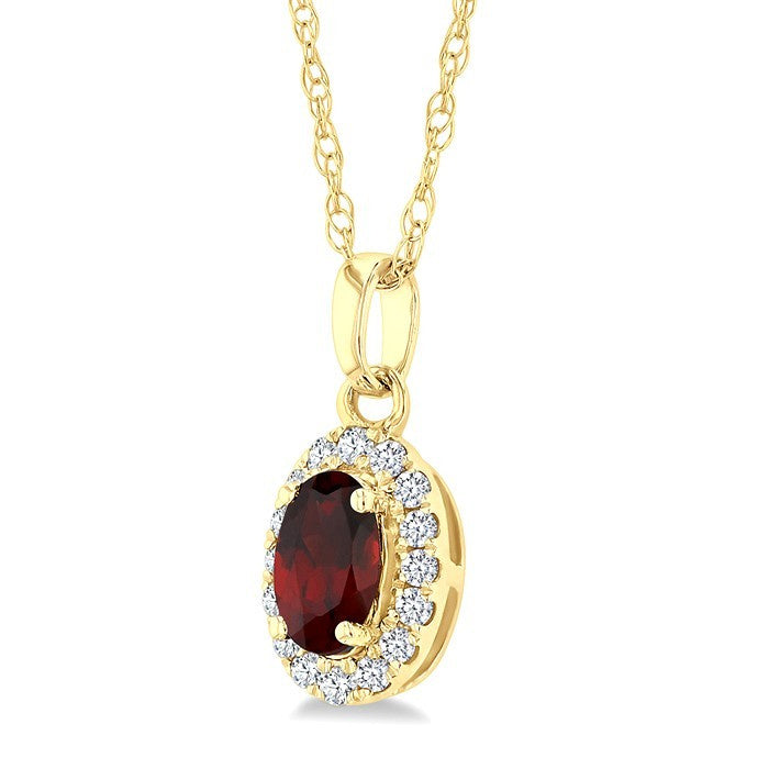 5x3 MM Oval Shape Garnet and 1/20 Ctw Round Cut Diamond Halo Semi-Precious Pendant with Chain in 10K Yellow Gold