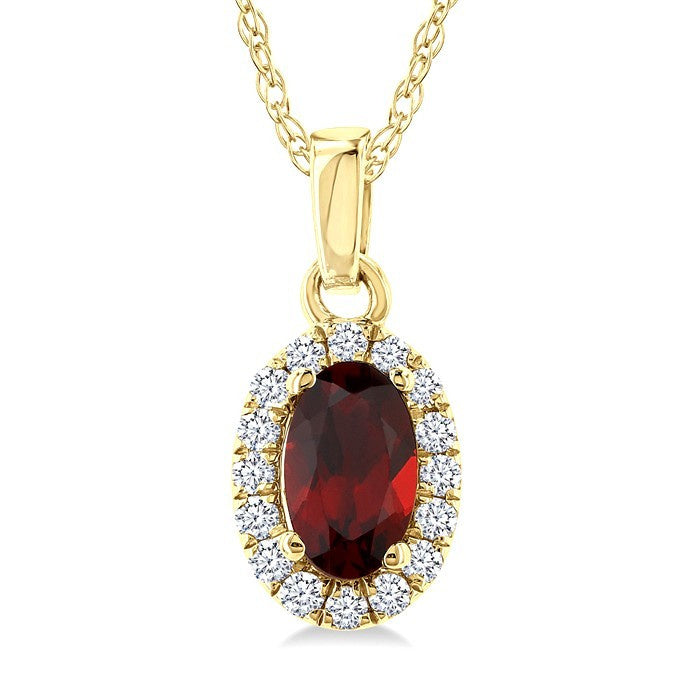 5x3 MM Oval Shape Garnet and 1/20 Ctw Round Cut Diamond Halo Semi-Precious Pendant with Chain in 10K Yellow Gold