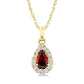 5x3 MM Pear Shape Garnet and 1/20 Ctw Round Cut Diamond Halo Semi-Precious Pendant with Chain in 10K Yellow Gold