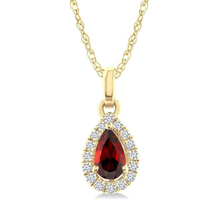 5x3 MM Pear Shape Garnet and 1/20 Ctw Round Cut Diamond Halo Semi-Precious Pendant with Chain in 10K Yellow Gold