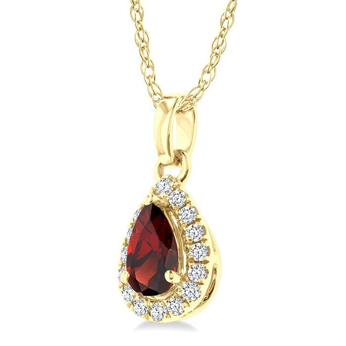 5x3 MM Pear Shape Garnet and 1/20 Ctw Round Cut Diamond Halo Semi-Precious Pendant with Chain in 10K Yellow Gold