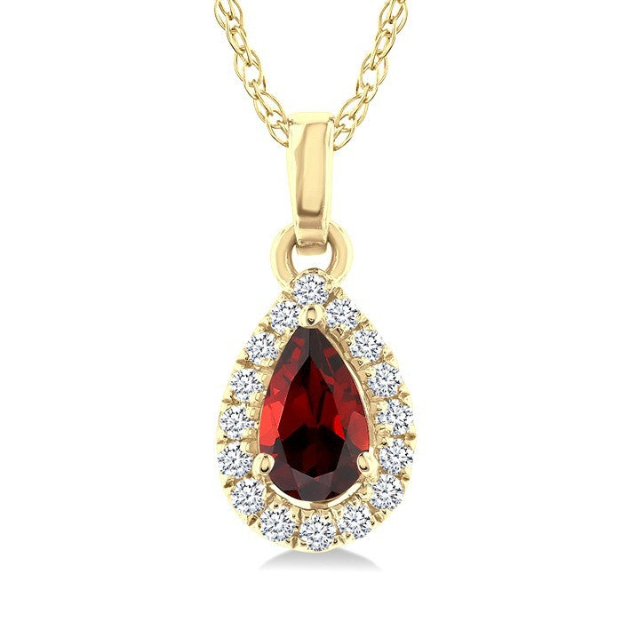 5x3 MM Pear Shape Garnet and 1/20 Ctw Round Cut Diamond Halo Semi-Precious Pendant with Chain in 10K Yellow Gold