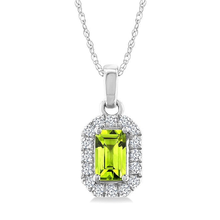 5x3 MM Octagonal Shape Peridot and 1/20 Ctw Round Cut Diamond Halo Semi-Precious Pendant with Chain in 10K White Gold