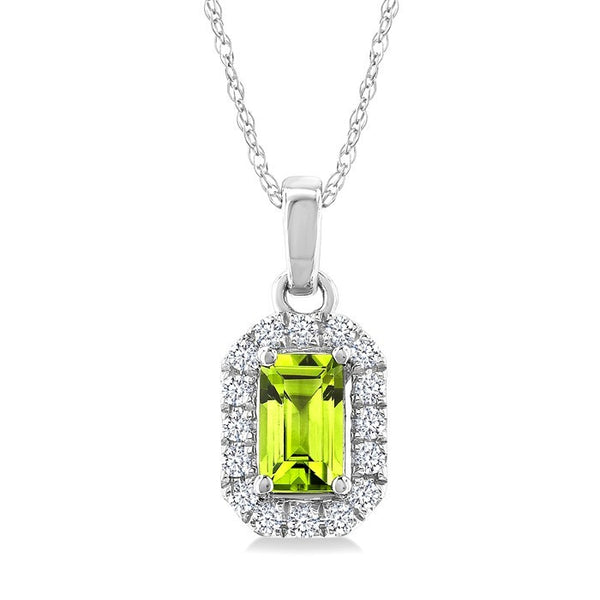 5x3 MM Octagonal Shape Peridot and 1/20 Ctw Round Cut Diamond Halo Semi-Precious Pendant with Chain in 10K White Gold