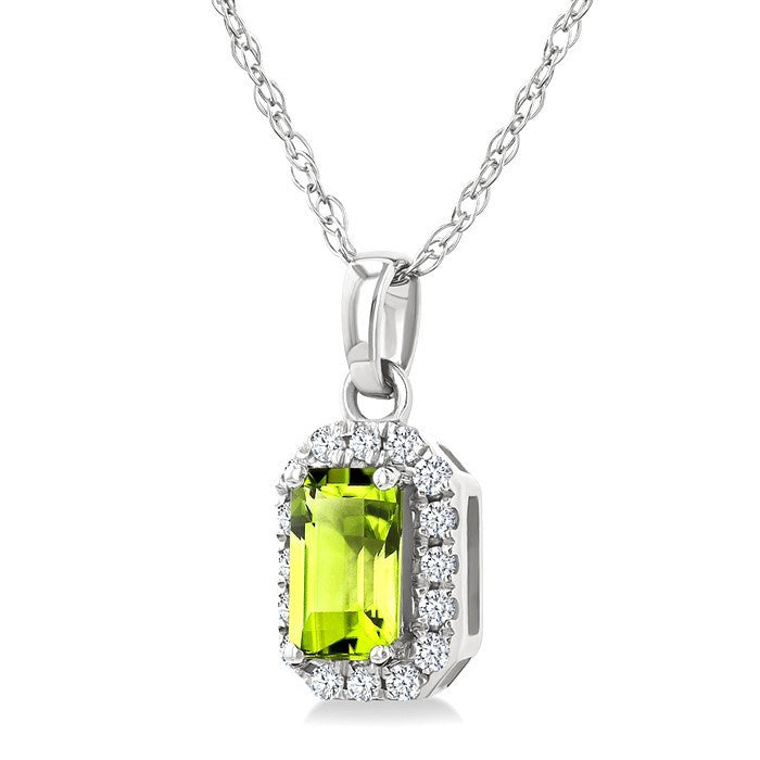 5x3 MM Octagonal Shape Peridot and 1/20 Ctw Round Cut Diamond Halo Semi-Precious Pendant with Chain in 10K White Gold