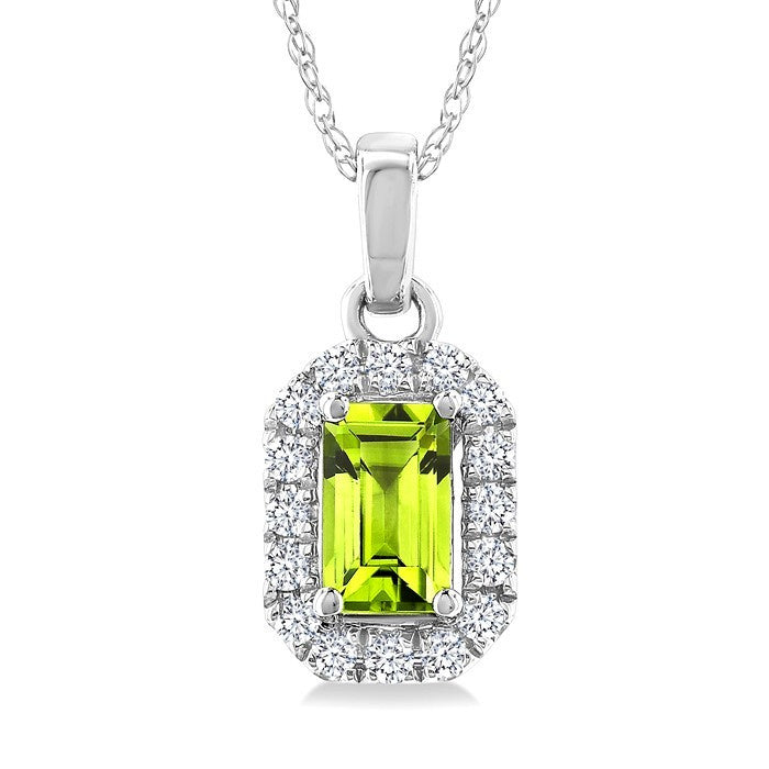 5x3 MM Octagonal Shape Peridot and 1/20 Ctw Round Cut Diamond Halo Semi-Precious Pendant with Chain in 10K White Gold