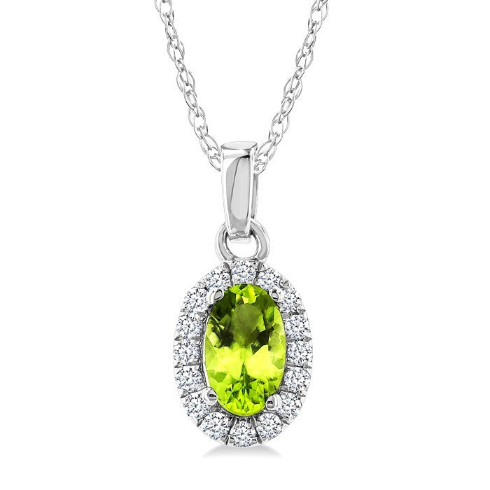 5x3 MM Oval Shape Peridot and 1/20 Ctw Round Cut Diamond Halo Semi-Precious Pendant with Chain in 10K White Gold