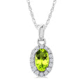 5x3 MM Oval Shape Peridot and 1/20 Ctw Round Cut Diamond Halo Semi-Precious Pendant with Chain in 10K White Gold
