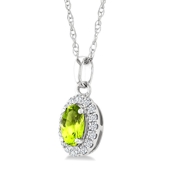5x3 MM Oval Shape Peridot and 1/20 Ctw Round Cut Diamond Halo Semi-Precious Pendant with Chain in 10K White Gold