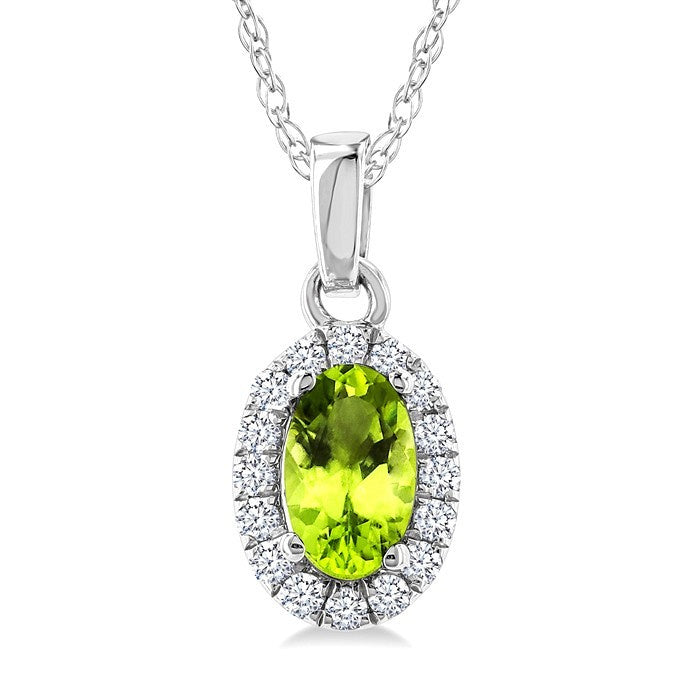 5x3 MM Oval Shape Peridot and 1/20 Ctw Round Cut Diamond Halo Semi-Precious Pendant with Chain in 10K White Gold