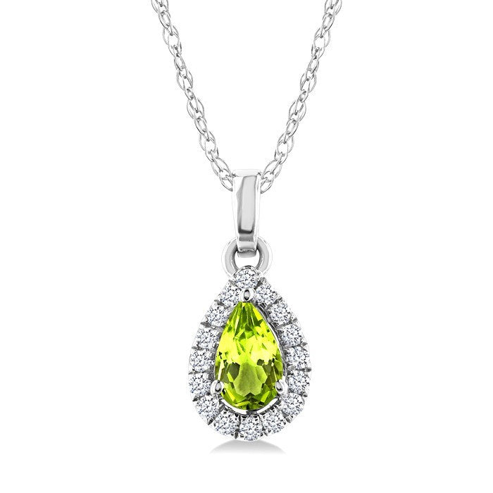 5x3 MM Pear Shape Peridot and 1/20 Ctw Round Cut Diamond Halo Semi-Precious Pendant with Chain in 10K White Gold