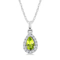 5x3 MM Pear Shape Peridot and 1/20 Ctw Round Cut Diamond Halo Semi-Precious Pendant with Chain in 10K White Gold