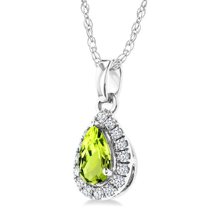 5x3 MM Pear Shape Peridot and 1/20 Ctw Round Cut Diamond Halo Semi-Precious Pendant with Chain in 10K White Gold