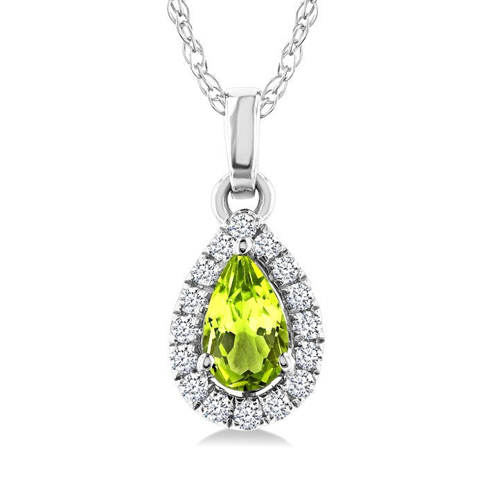 5x3 MM Pear Shape Peridot and 1/20 Ctw Round Cut Diamond Halo Semi-Precious Pendant with Chain in 10K White Gold