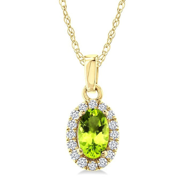 5x3 MM Oval Shape Peridot and 1/20 Ctw Round Cut Diamond Halo Semi-Precious Pendant with Chain in 10K Yellow Gold