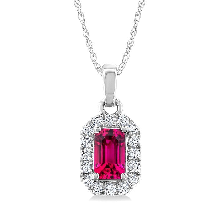 5x3 MM Octagonal Shape Pink Tourmaline and 1/20 Ctw Round Cut Diamond Halo Semi-Precious Pendant with Chain in 10K White Gold