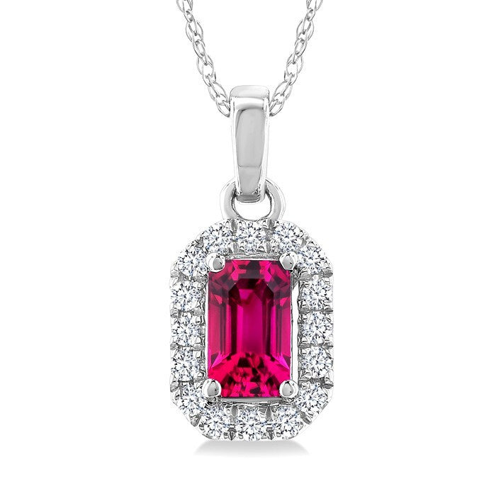 5x3 MM Octagonal Shape Pink Tourmaline and 1/20 Ctw Round Cut Diamond Halo Semi-Precious Pendant with Chain in 10K White Gold